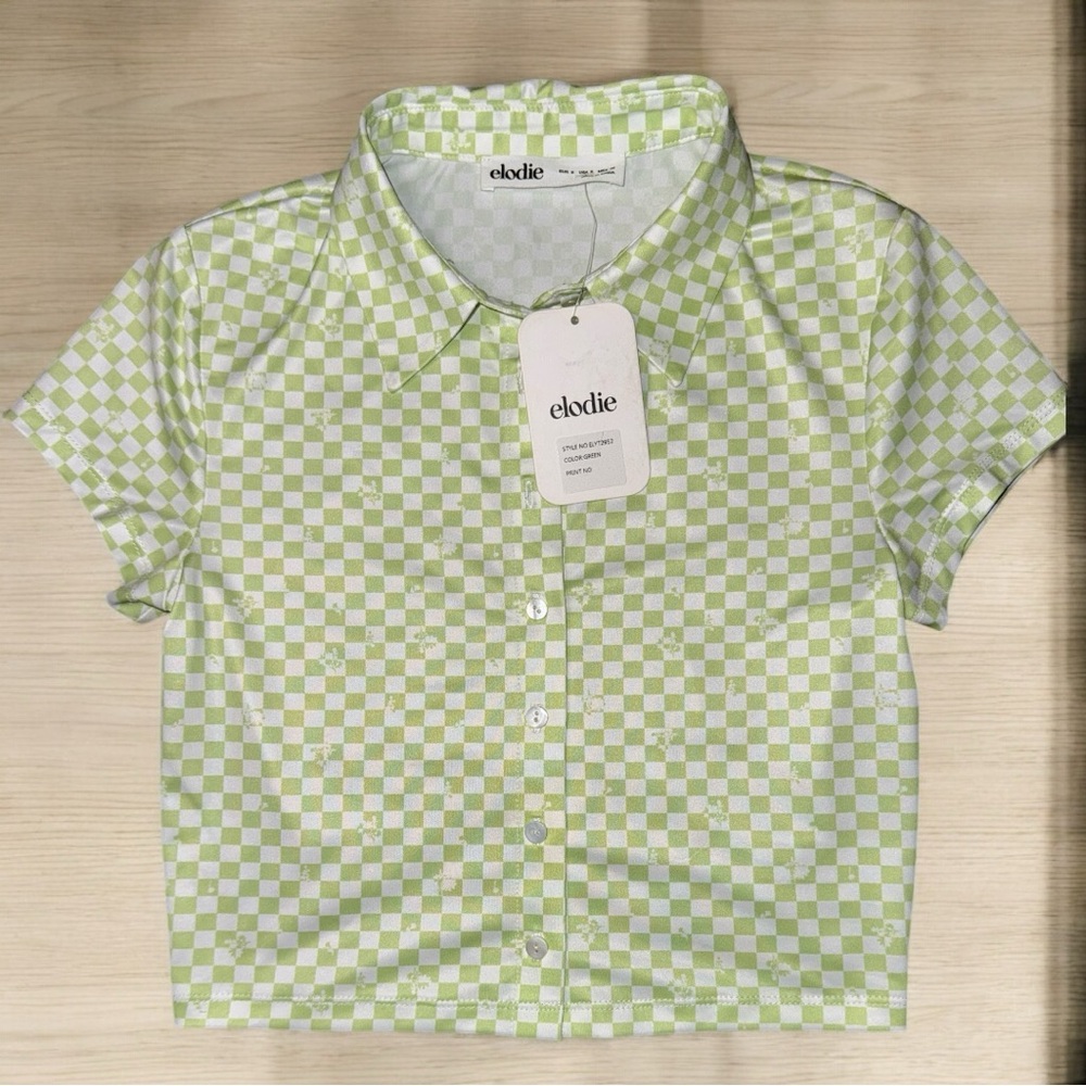 elodie Green White Checkerboard Skull Print Crop Button Up Shirt Women's Size 8